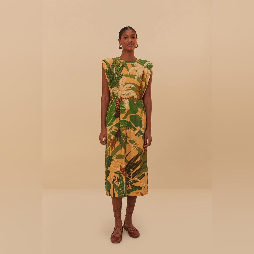 FARM Rio Beige Tropical Isla Padded Shoulders Midi Dress